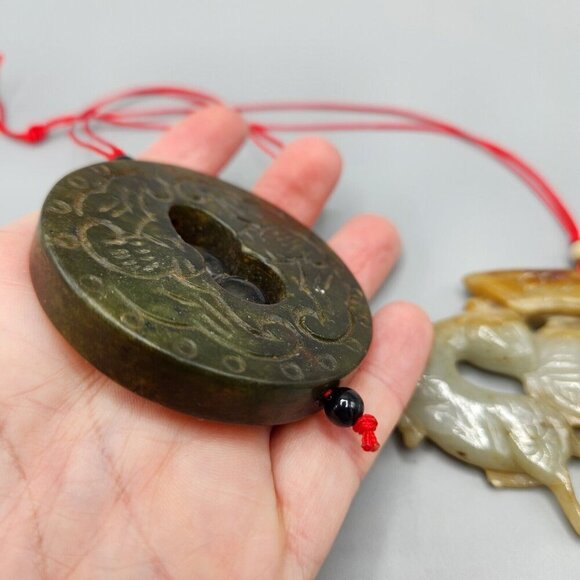 Jade Pendant Amulet Chinese Symbol Lot of 2 Deer Carved Stone Vtg 1980s - Picture 6 of 10